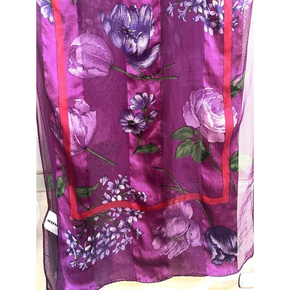 Accessory Street 100% Silk Chiffon Rectangle Scarf Purple Floral Logo Dry Clean